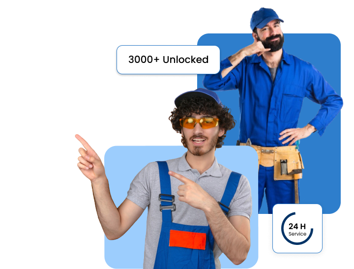 Two maintenance workers - one in blue coveralls with a tool belt and another in blue overalls with safety glasses - with text indicating "3000+ Locks Unlocked" and "24 hour Service"