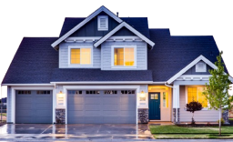 A suburban house with white siding, blue trim, and a double garage.