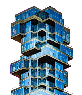 A modern high-rise building with staggered blue glass balconies creating a unique zigzag pattern.